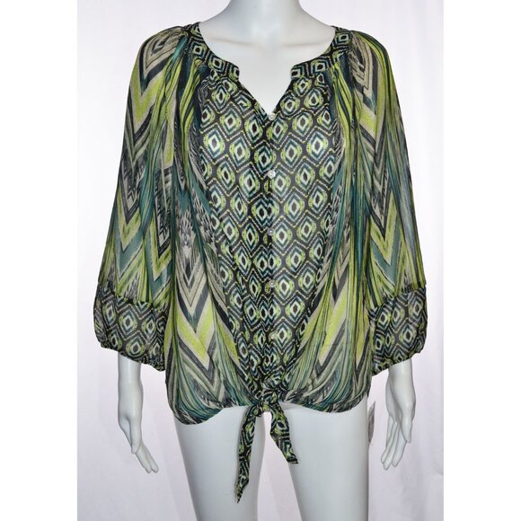 FIGUEROA & Flower Chevron Geo Print Tie Waist Semi-Sheer Blouse Green/Black Sz L - Picture 1 of 7